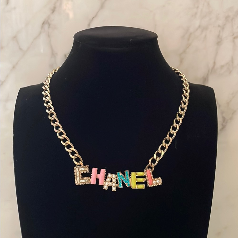 Vintage CHANEL Multicolor Letter Necklace with Gold Chain